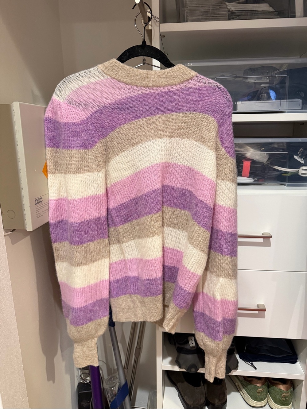 Ganni Striped Crewneck Sweater in Lavender, Cream and Taupe